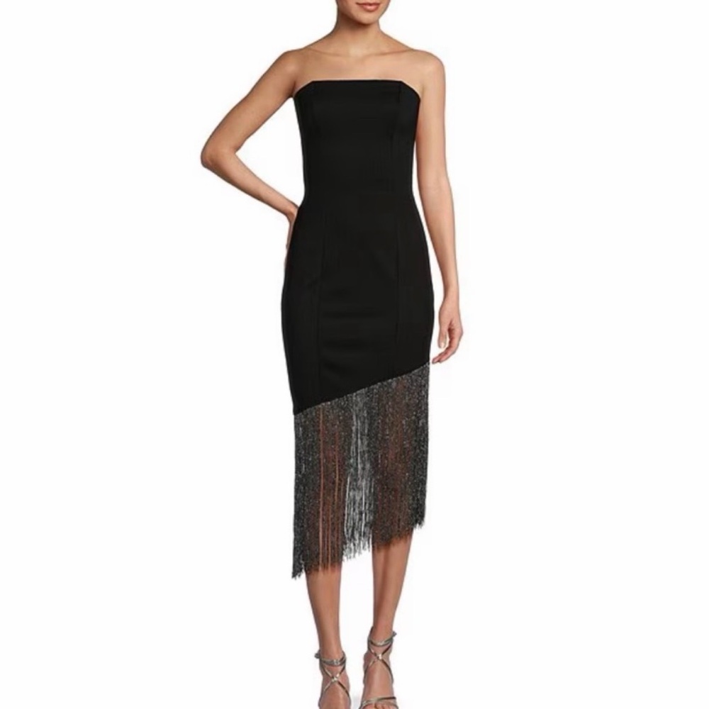 Elegant Black Strapless Dress with Fringe NWT S